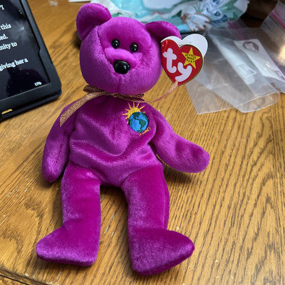 Ty Beanie Babies Millennium Bear Plush Toy - Purple with spelling errors 