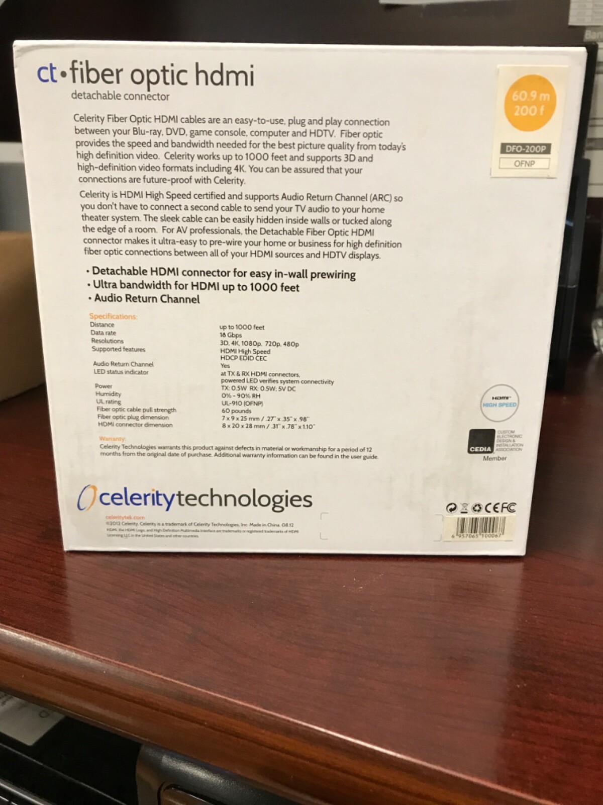 Celerity Technologies DFO-200p Fiber Optic HDMI Cable 200 Feet Black Cable