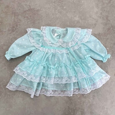 Vtg 80s Alphabet Kids Light Aqua Blue Ruffle Lace Trim Baby Girls Dress  6-9mos