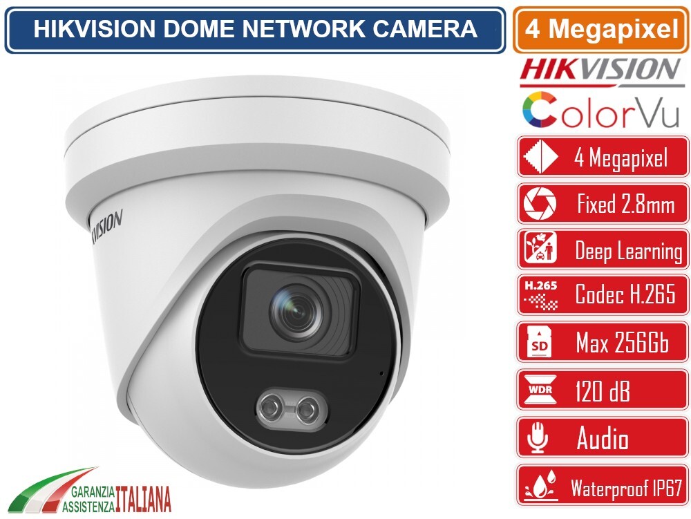 HIKVISION TELECAMERA DOME NETWORK 4MP 2.8MM COLORVU ACUSENSE SLOT SD AUDIO IP67.