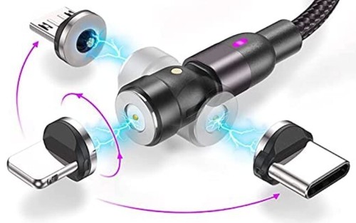 Câble de Charge Tressé Nylon 3 en 1 avec Connecteurs Magnétiques Rotatifs 360° - Photo 3 sur 10