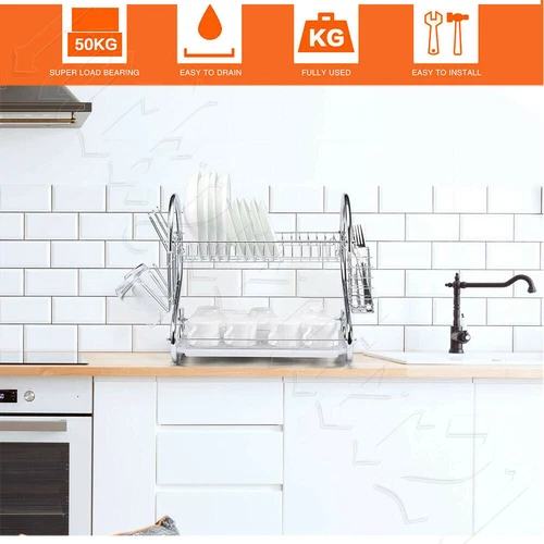 2 tier Dish Drying Rack Drainer Cup Plate Holder Cutlery Tray Kitchen Organizer - Picture 9 of 13