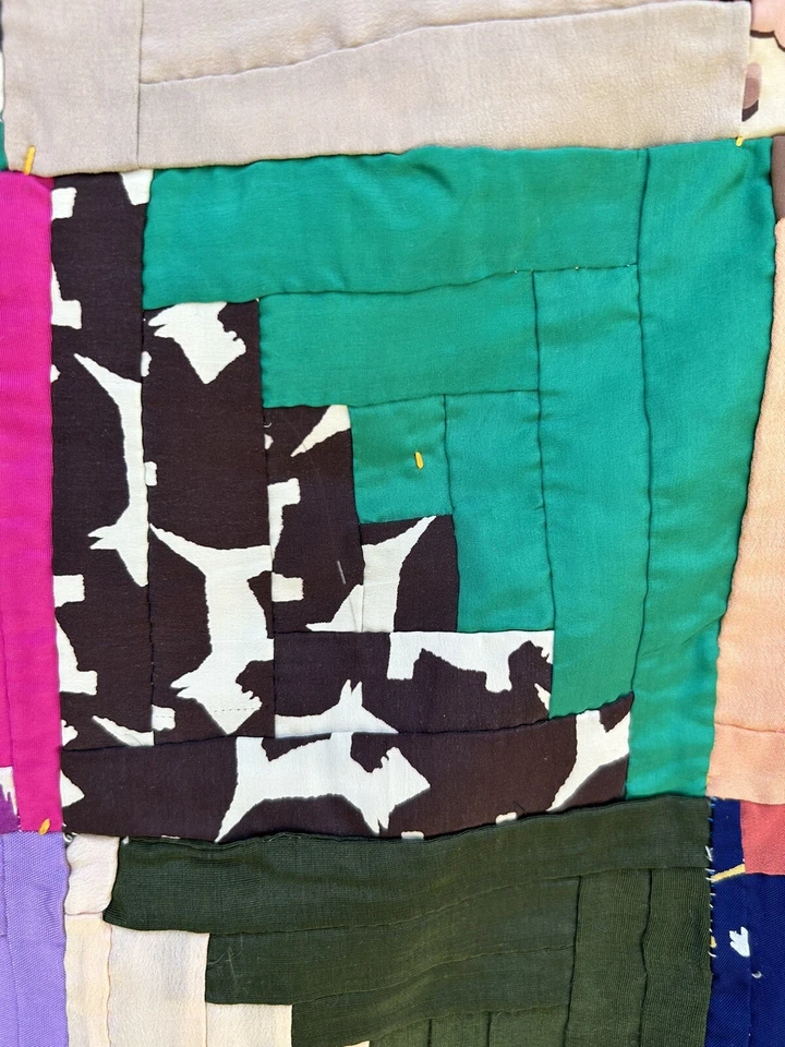 Antique Log Cabin In Rows Quilt Hand Pieced Hand Tied 1930s 40s Silk Rayon - Image 4 of 4