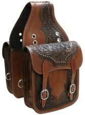 Beautiful Brown Genuine Leather Western Trail Tooling Carving Horse Saddle Bag.