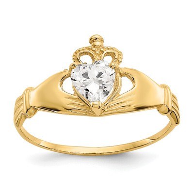14K Yellow Gold Cubic Zirconia CZ Heart Irish Claddagh Celtic Ring Love Band ...