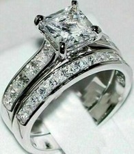 Princess Cut 3.50Ct Diamond White Gold Finish Simulated Bridal Ring Set Size 7