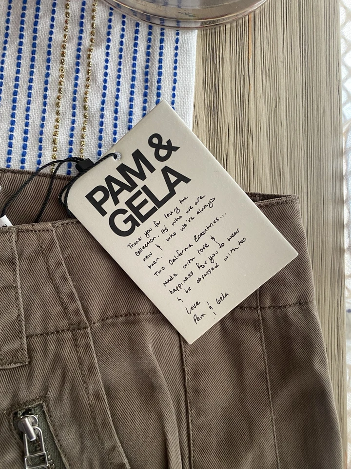 Pantalones acampanados PAM & GELA verde oliva 100 % Tencel para mujer talla 2 bolsillos con cremallera nuevos con etiquetas Foto 4 de 4