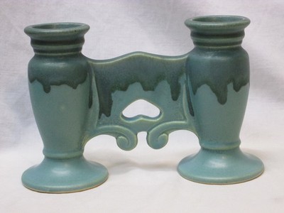 Antique Roseville Pottery Carnelian I Double Bud Vase Green Drip Glaze Signed RV