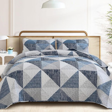 King Size Quilt Blue, 3 Pieces Patchwork Bedspread Bedding for King Size Bed, So