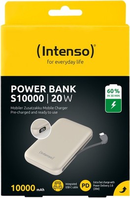 Intenso Powerbank S 10000 mAh PD Typ C USB OUT integriertes Kabel beige