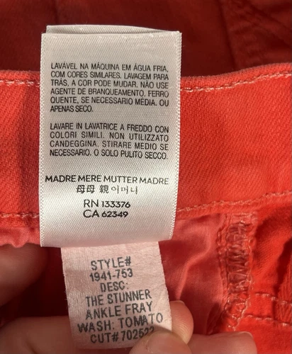 MOTHER Women's Size 24 The Stunner Ankle Fray Play Date Tomato Wash Jeans - Picture 15 of 16