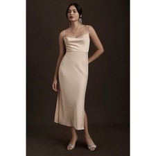 NWT Anthropologie BHLDN Cali Satin Charmeuse Midi Dress MSRP: $168 Oyster Beige