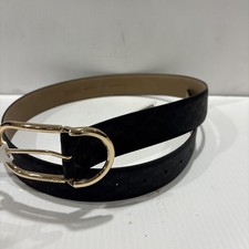 MICHAEL KORS LEATHER BELT MK LOGO PATTERN W GOLD TONE OVAL BUCKLE BLACK Sz LARGE