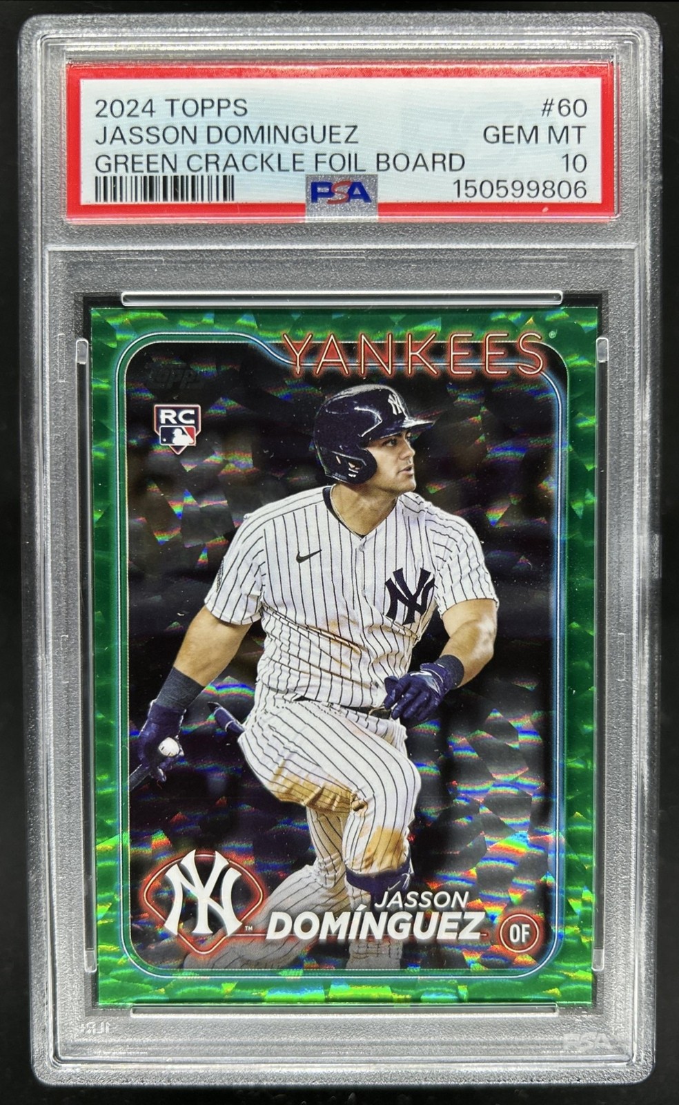 2024 Topps Jasson Dominguez RC Green Crackle Foil Rookie #/499 Yankees PSA 10
