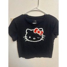 Hello Kitty Sanrio Kids Black Graphic Crop Tee Winking Face Red Bow Size L 2023