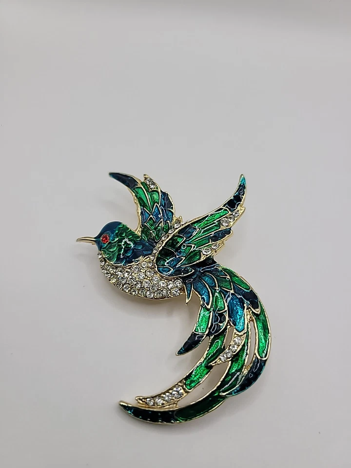 Broche prendedor vintage alas pájaro del paraíso cola esmalte cristales joyería colorida Foto 2 de 4
