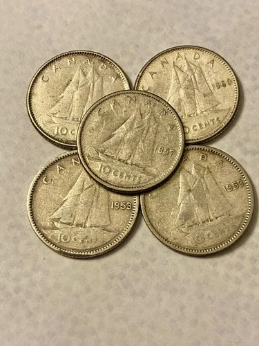 1960-59-57-2-53 Elizabeth II & Sail Boat 80% Silver Very Legible Lot of 5