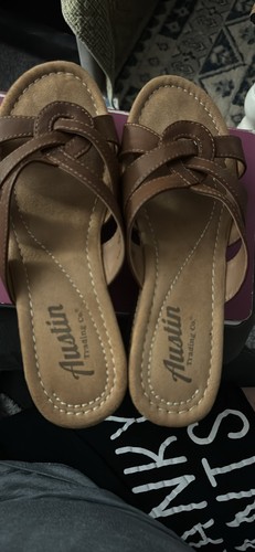 Austin Trading Co. Brown Wedge Slip-On Sandals Faux Leather Women's Size 9