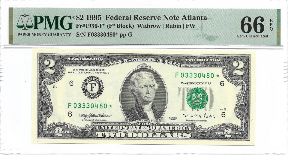 1995 $2 ATLANTA * STAR * ⭐️ FRN. PMG GEM Uncirculated 66 EPQ Banknote. 2nd of 2 - Image 2 of 3