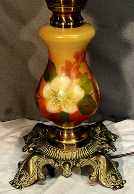 Vintage 3 Tier GWTW Hurricane Parlor Lamp Floral w/ Crystal Prisms