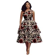 African Dress Ankara Print Skew Collar Sleeveless Mid-Calf Cascading Dress