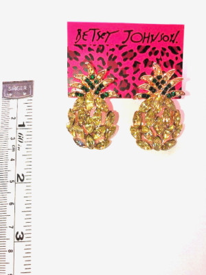 Betsey Johnson Pineapple Earrings Gold Yellow Green Crystal CZ Pave Gold Plated