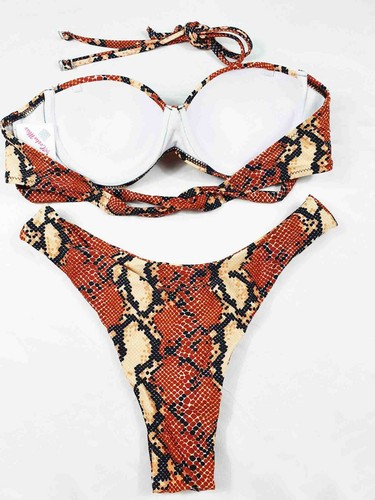 Bikini sexy leopardato taglio a V costume donna push up marrone brasiliana - Picture 6 of 9