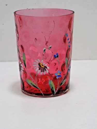 Victorian Thumbprint Coin Dot Cranberry Art Glass Painted Floral Enamel Tumbler