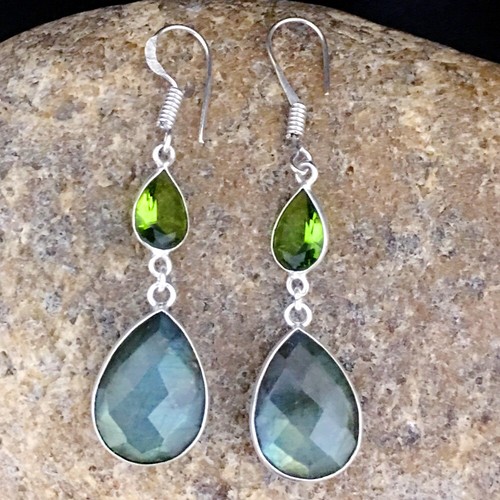 Handmade Silver / Gold/ Rose Gold Plated Labradorite Peridot Pear Shape Earrings - Picture 5 of 10