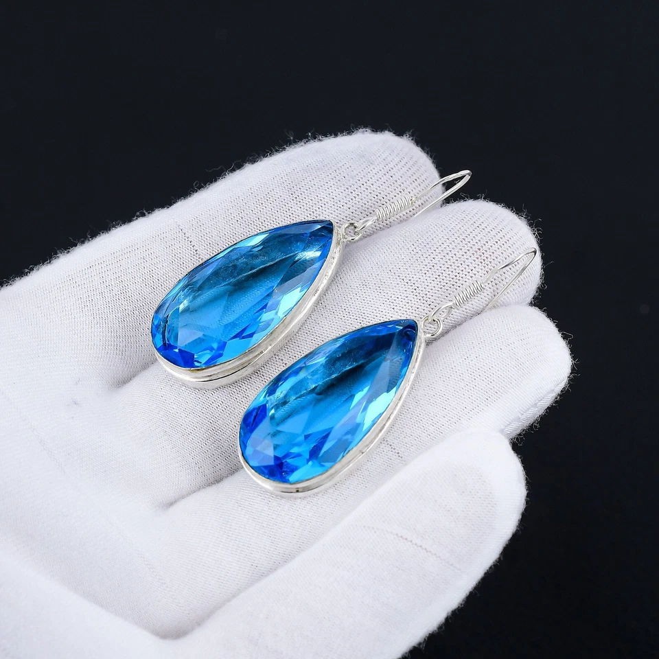Topazio Blu Gemma Orecchini Argento Fatto a Mano 925 Sterling per Lei - Immagine 3 di 4
