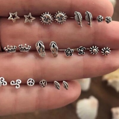 11er Set Vintage Mode kleine Ohrstecker, Stern, Blatt, Feder, Blume, Sonne,