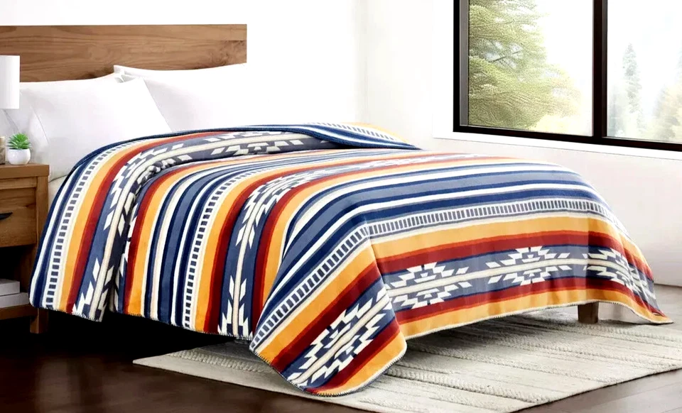 Pendleton Soft Plush Blanket Saltillo Stripe Queen 98" x 92" Colorful Stripes - Image 2 of 4
