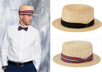 Men's Natural Wheat Straw Boater Hats w Sun Protection Elastic & SweatBand