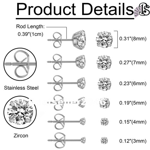 6 Pairs Stainless Steel Round Cubic Zirconia Stud Earrings Set for Men Women - Picture 37 of 46