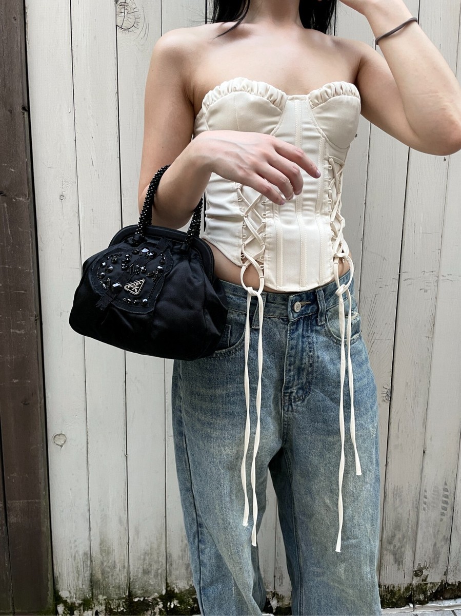 RAREAuth PRADA Triangle logo beaded embroidery handbag | eBay