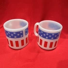 Vtg Glasbake Milk Glass Stars & Stripes Red Wht Blue Mug USA American Flag Qty 2