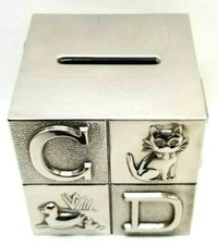 Vintage Children's Silver Plated Coin Money Piggy Bank Metal Letter Block G31 