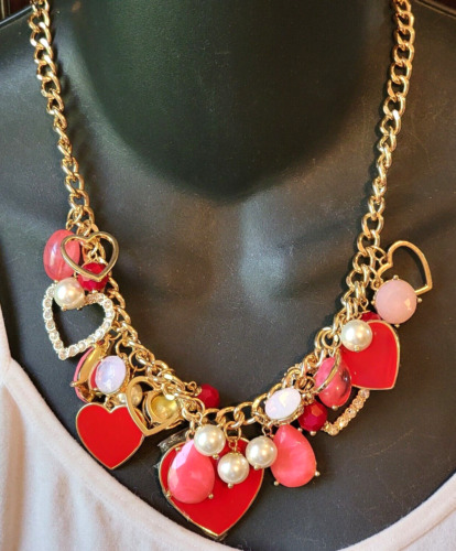 Fun Charm Necklace Pink Red Rhinestone & Lucite G… - image 1
