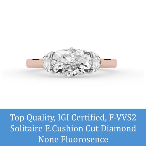 Cushion Solitaire Labgrown Diamond Trilogy Ring 18k Rose Gold 2.45 Ct F VVS2 - Picture 3 of 23