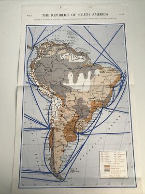 1947 Karte Schifffahrtsrouten Republiken Südamerika 1947 Datentabelle 18*11 cm