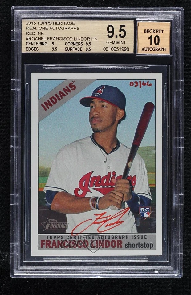 Topps Heritage 2015 tinta roja 3/66 Francisco Lindor BGS 9,5 novato automático radiocontrol