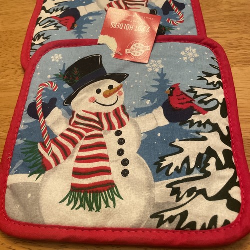Neu mit Etikett ~ zwei Urlaub/Weihnachten Topflappen ~ Schneemann Zuckerstange 7” x 7” ~ Kardinal - Bild 2 von 5