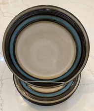 Set of 4 Gibson Everston Teal Dinner Plates 11" Rim Teal Taupe Bands