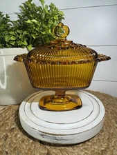 Vintage Lace Edge Amber by Indiana Glass Pedestal Covered Candy Dish