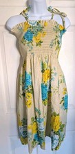 VTG Floral Sundress Blue Yellow Rose Print Midi Dress L Smocked Cottagecore 80s
