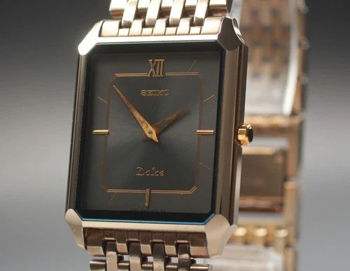 Vintage 1990 [Near MINT] Seiko Dolce 8N40-5050  Gold Black Tank Square Qz Men's