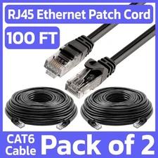 2 Pack 100FT Cat6 Ethernet Patch Cord Black RJ45 LAN Cable Network Internet Cord