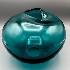 Studio Art Glass Hand Blown Teal Vase Collapsed Pinched Rim Polished Pontil