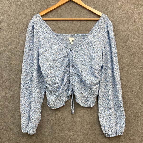 H&M Top Womens Medium Blue Floral Cropped Long Sleeve V-Neck Gathered 13213