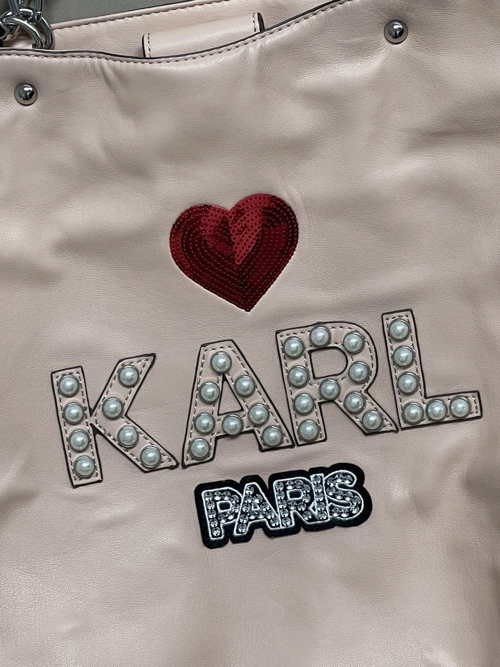 Karl Lagerfeld Paris Shugg Faux Leather Novelty Tote Pearl Sequin Handbag Purse - Image 4 of 4